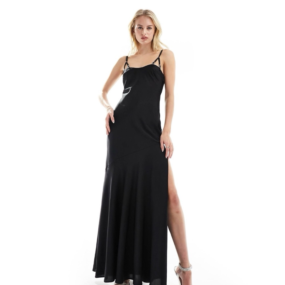 NWT Black satin buckle strap maxi dress with side slit.